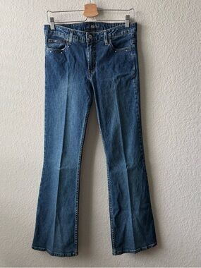 lei Y2K Women's Dark Blue Flared Jeans with American Flag Detail